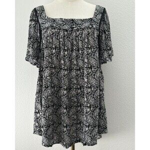 Caffe Marrakesh Top Women’s 2X Black Gray Square Neck Tunic Boho Cottagecore